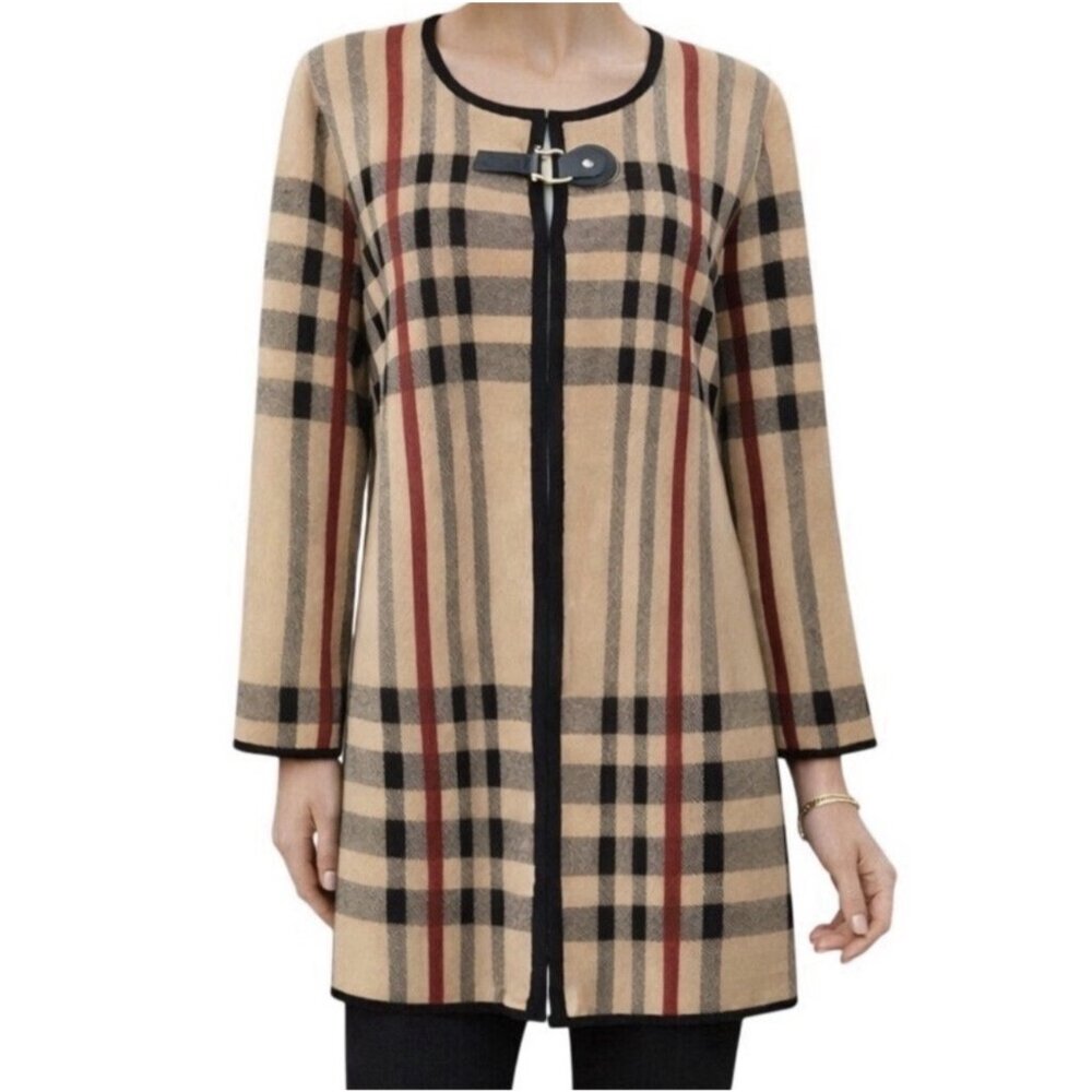 Kasper Womens Cardigan Sweater Jacket L Large Brown Black Red Plaid